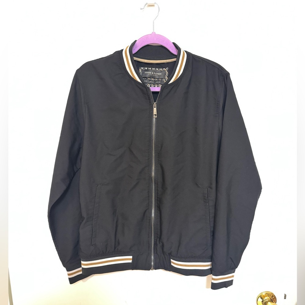 Denim & Flower Black Bomber with Gold and Cream Trim